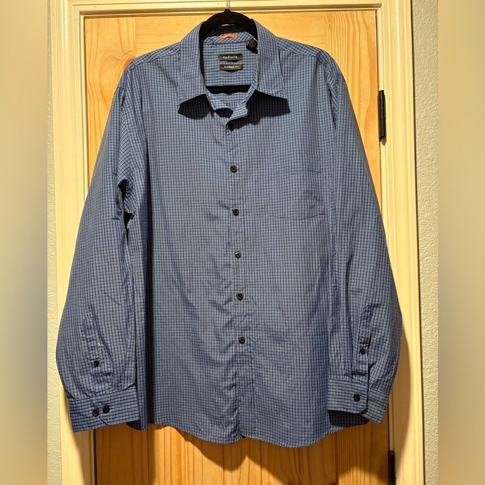 Van Heusen Classic Fit Traveler Men Plaid Blue Long Sleeve Xlarge 17-17 1/2